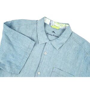 Tommy Bahama Shirt Men Large 100% Linen Blue Relaxed Fit Button Up Short Sleeve